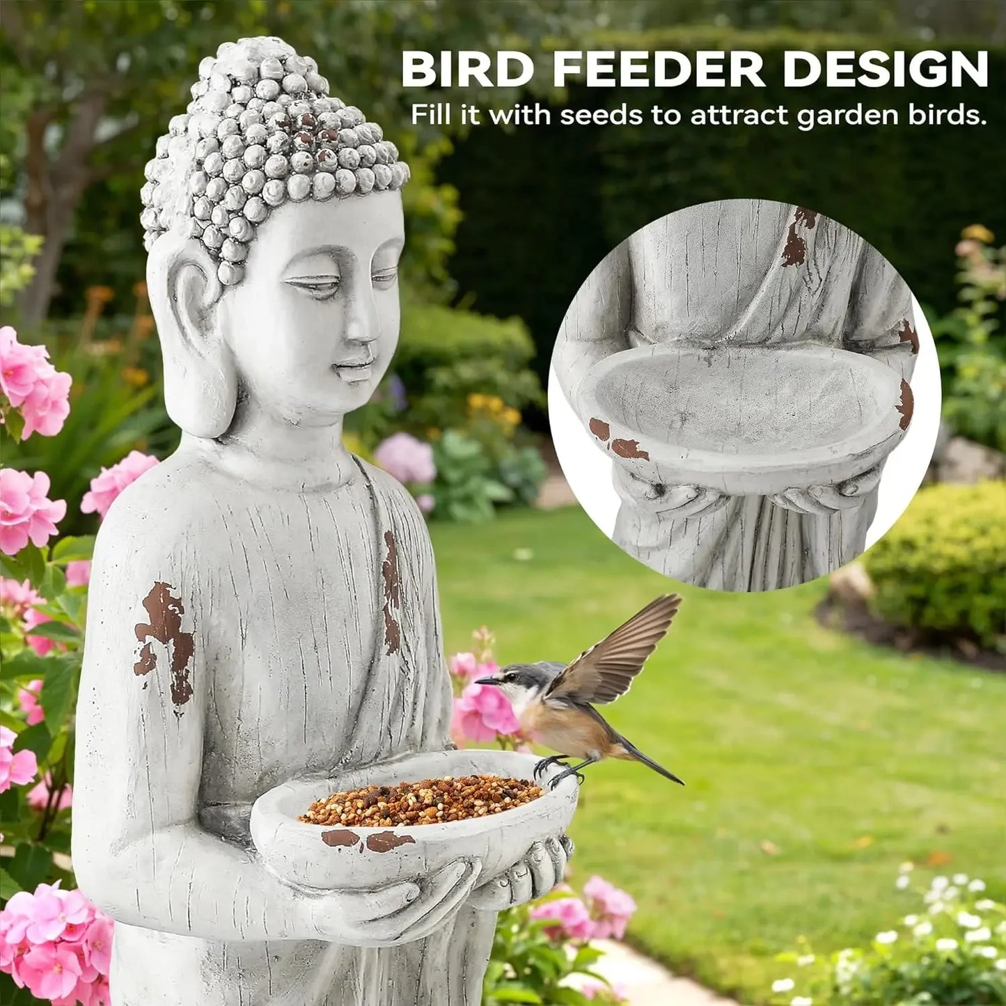 Extra Large Meditative Buddha Statue Birdfeeder Tall Zen Figure Durable Weatherproof MGO Sculpture Garden Patio Yard Porch Indoo