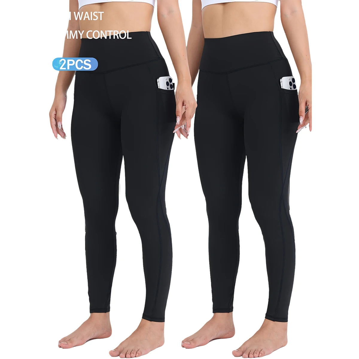 A Two-Piece Set of Athletic Leggings with Pockets on Both Sides, Yoga, Running, Quick-Drying, High Elasticity Soft, Comfortable.