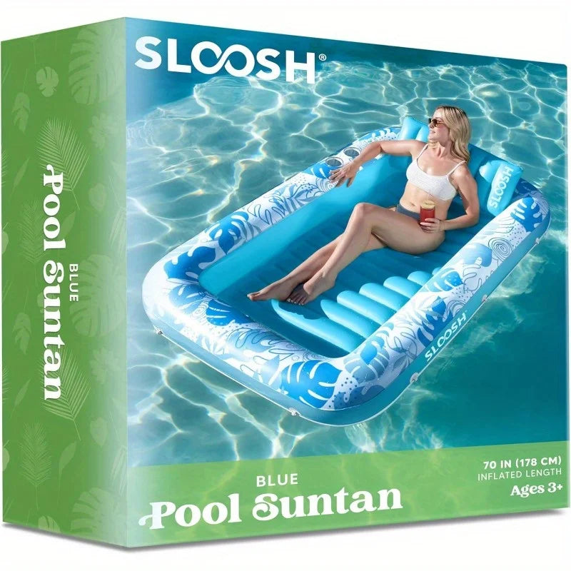 JOYFY 4 in 1 Suntan Tub Raft Floatie Inflatable Tanning Pool  70" x 46" Pool Floats Adult with Pillow for Water Party Gifts
