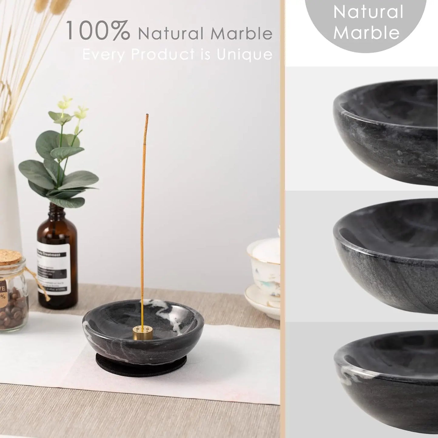 Natural Marble Incense Holder, 9 Holes Ash Catcher for Meditation, Black