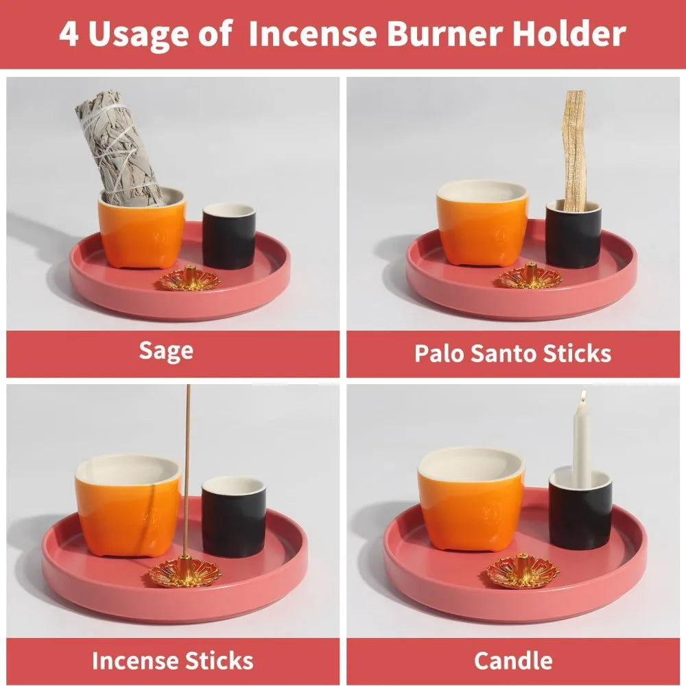 4 in 1 incense holder, 5.5" ceramic palo santo stick holder, sage holder for burning, sage incense burner for meditation yoga ro