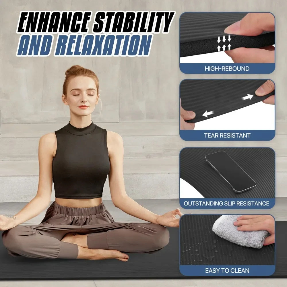 73x32 Thick Yoga Mat Floor Pad, High Density Foam Exercise Yoga Mat AntiTear With Carrying Strap, Black