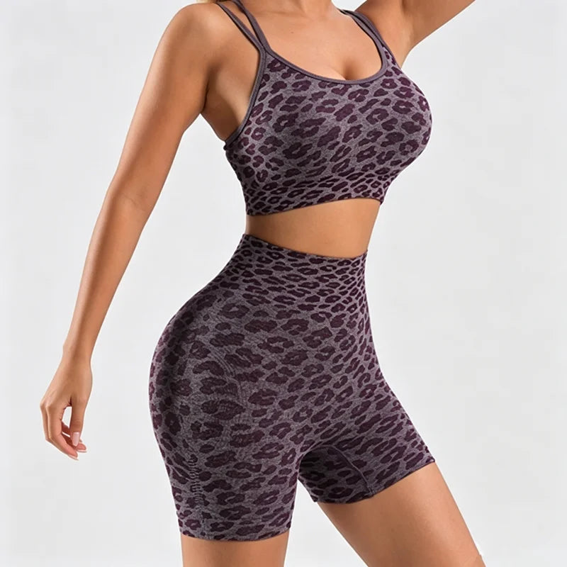 Women's Leopard Print Workout Sets 2 Piece Outfits Crop Tank Tops and Shorts Sports Yoga Gym Tracksuit