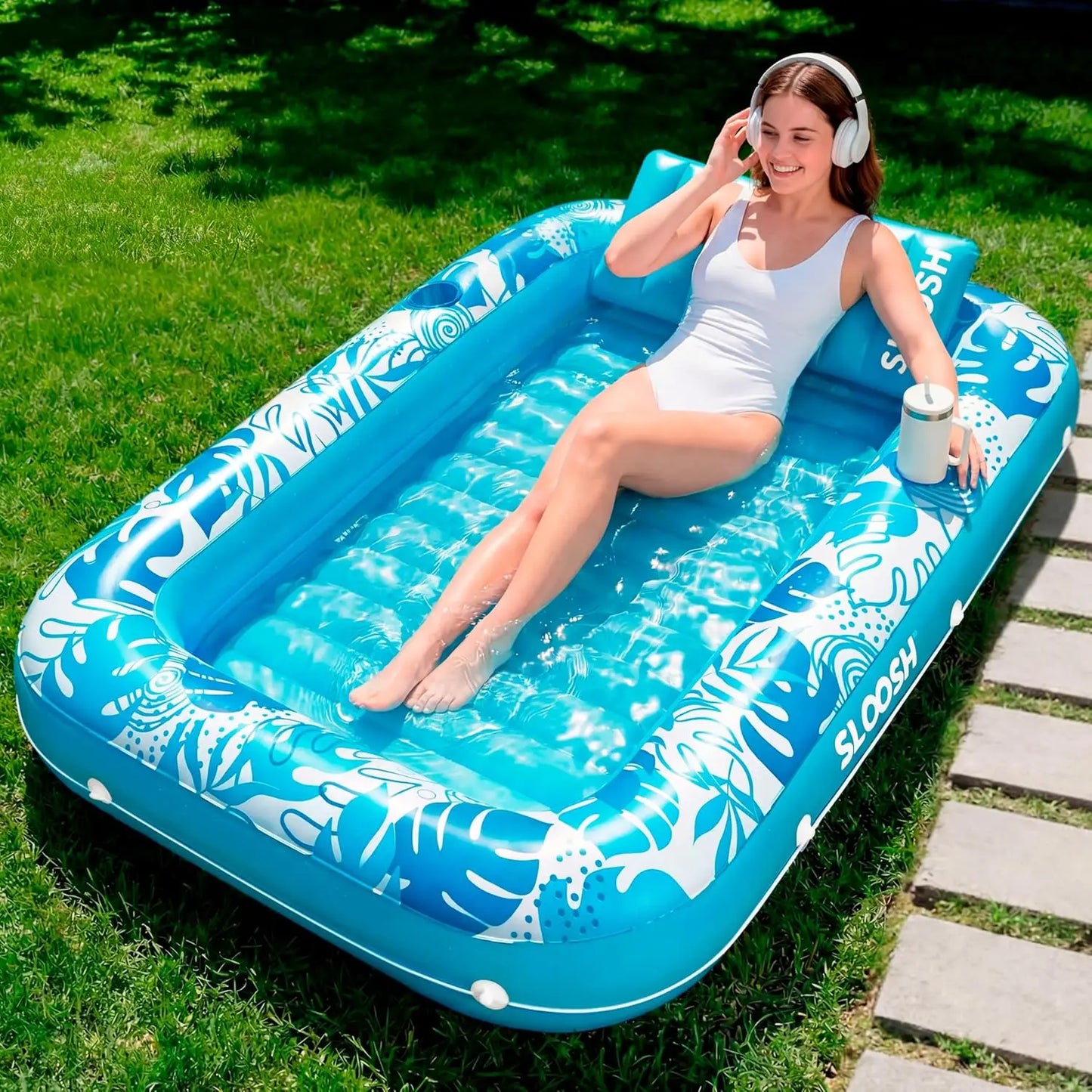 JOYFY 4 in 1 Suntan Tub Raft Floatie Inflatable Tanning Pool  70" x 46" Pool Floats Adult with Pillow for Water Party Gifts