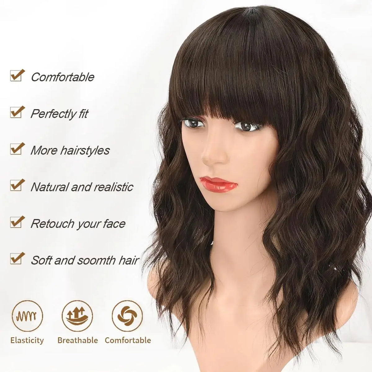 HAIR Natural Brown Synthetic Curly Wavy Bob Wig with Bangs for Women#Color:HY-751-6,Bulk Buy:1 PC