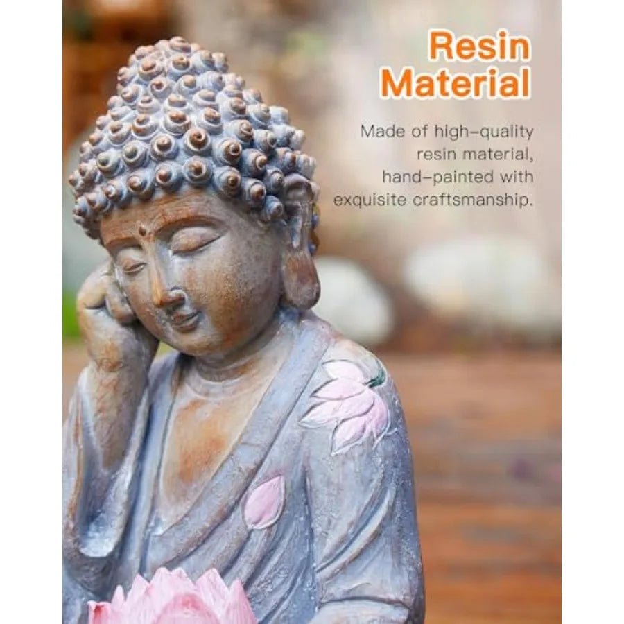 Buddha Statue Outdoor with Lotus Flower Light, IP65 Waterproof Solar Statue Lights, Outdoor Statues for Garden, Zen Decor for G