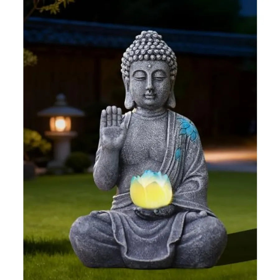Solar Buddha Garden Statues with Lotus Flower: Resin Zen Decor Waterproof Sculpture Outdoor Light Design for Outside Patio Lawn