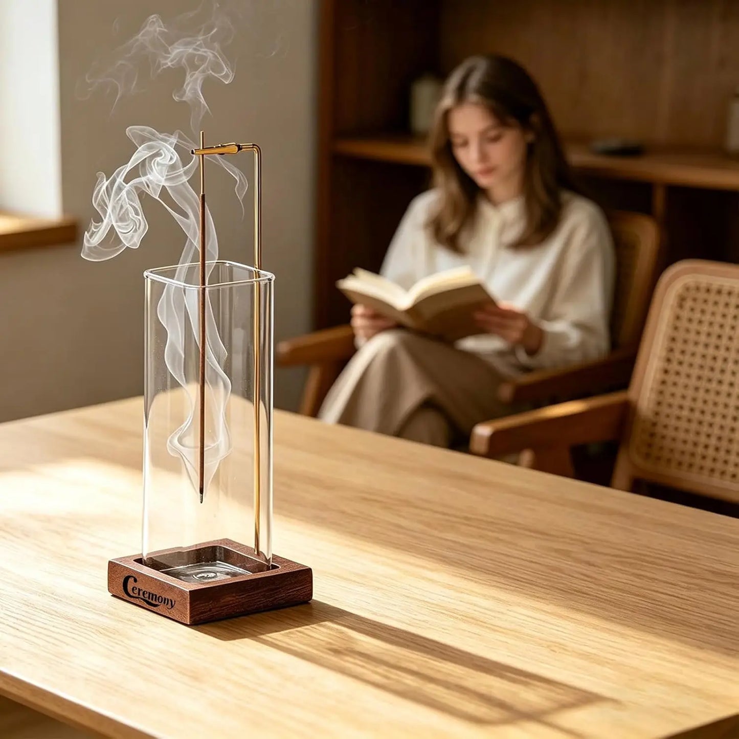 Wooden Incense Holder with Glass Ash Catcher, Anti-Ash Design, Includes 20 Sticks & Brush for Yoga Meditation