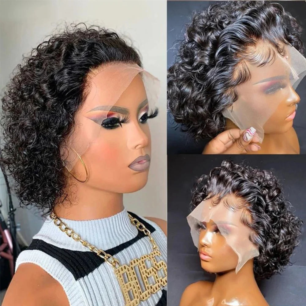 200% Destiny Short Pixie Cut Wig Peruvian Water Wave Human Hair Wigs For Black Women Deep Curly 13X1 Lace Front Wigs for Women