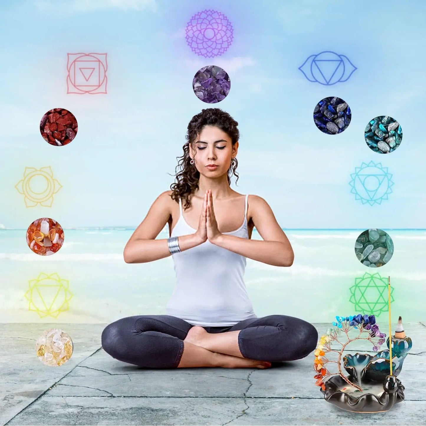 Backflow Incense Burner Waterfall with 7 Chakra Crystal Tree - Yoga Meditation Home Decor