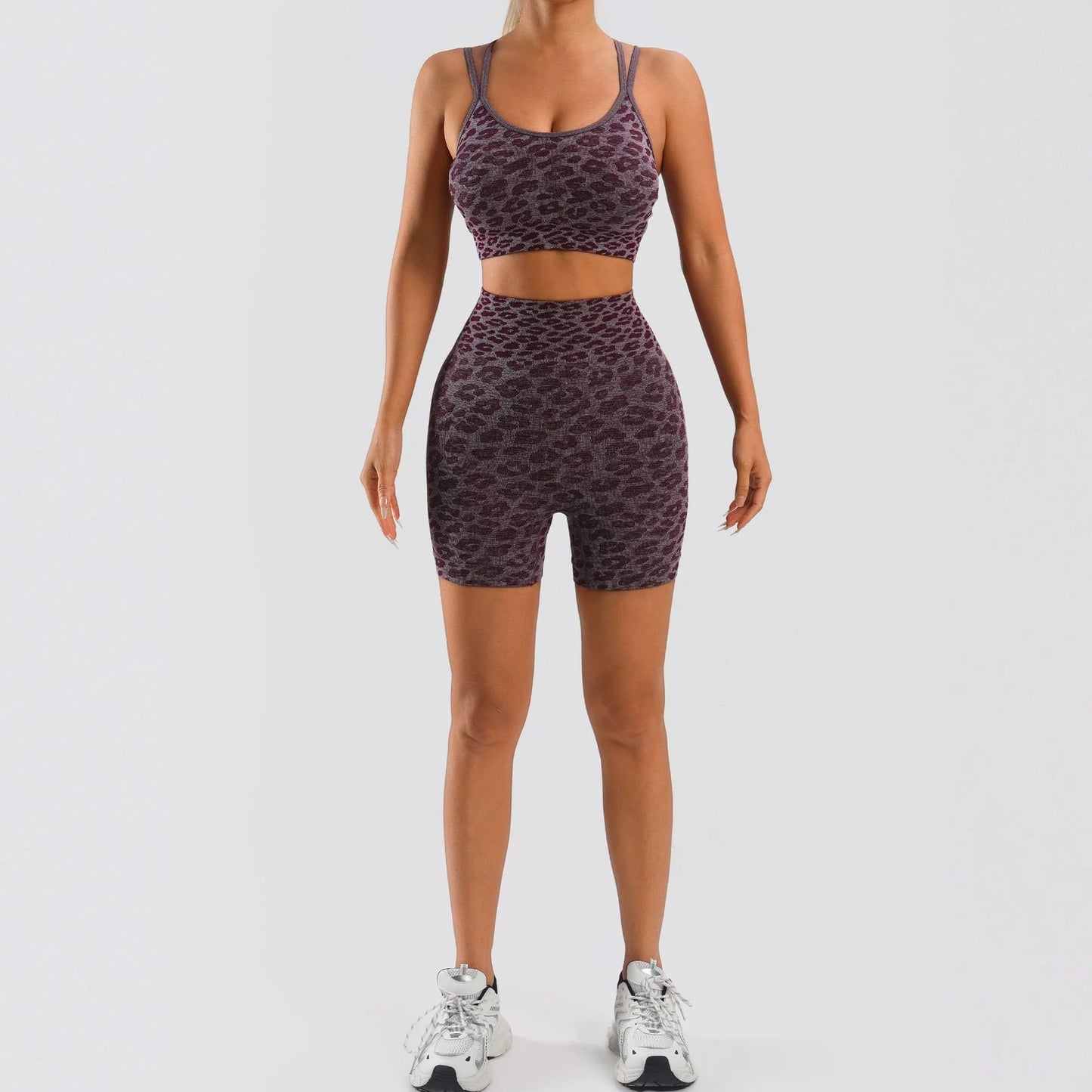 Women's Leopard Print Workout Sets 2 Piece Outfits Crop Tank Tops and Shorts Sports Yoga Gym Tracksuit