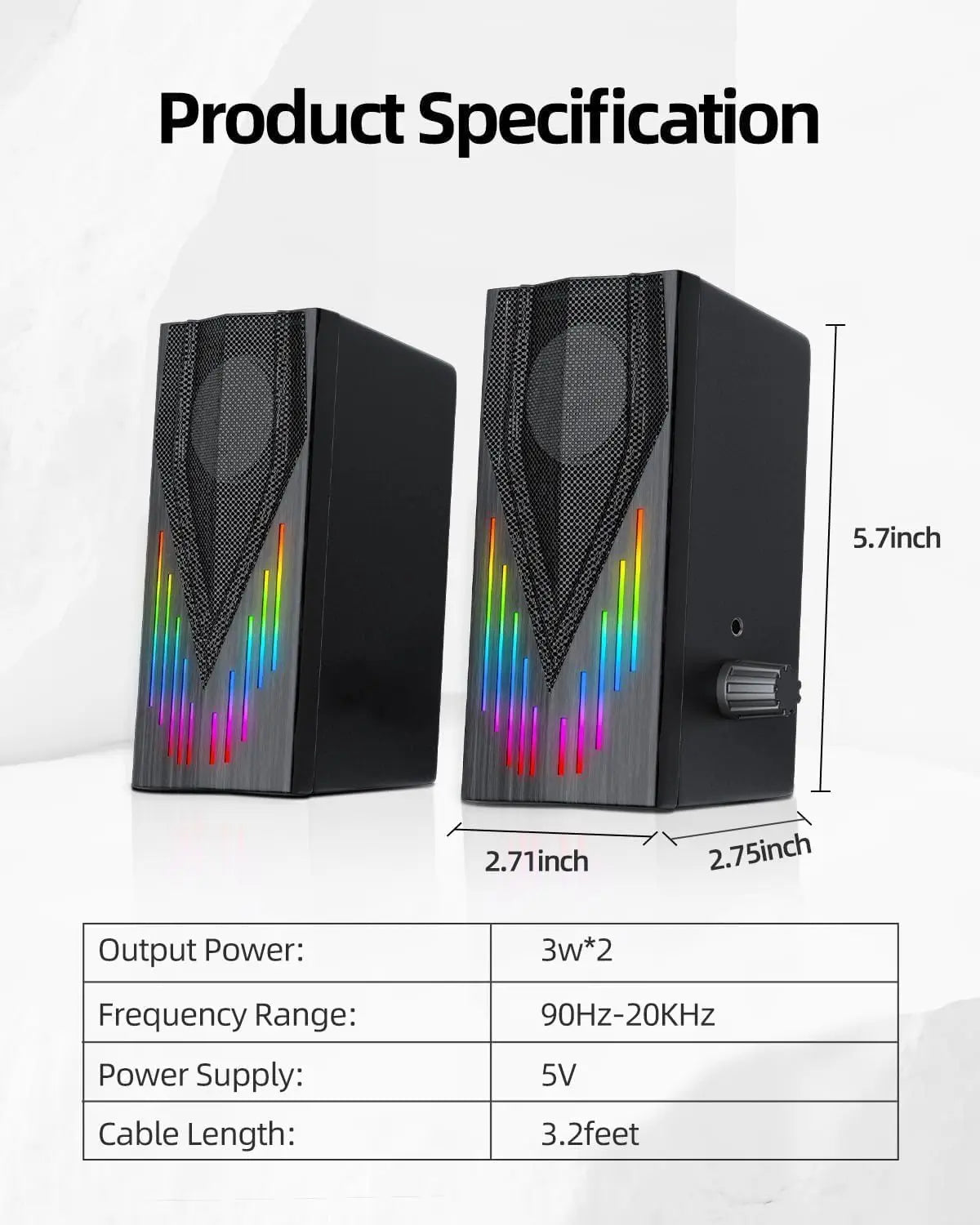 USB-Powered Computer Speakers with RGB Lights, Stereo Sound for PC/Laptop/Tablet