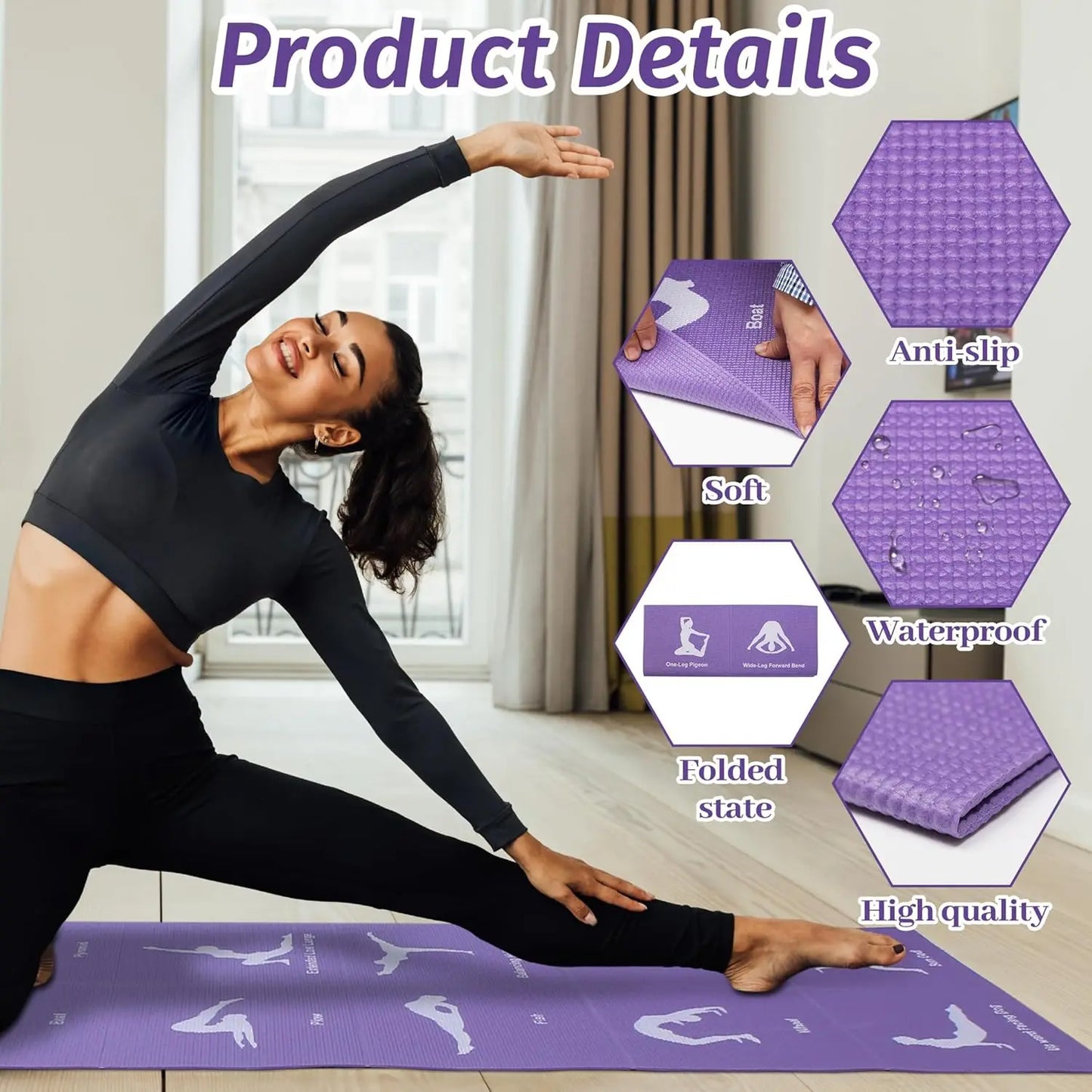 Extra Thick Foldable Yoga Mat with Printed Pose Chart for Pilates and Core Training at Home