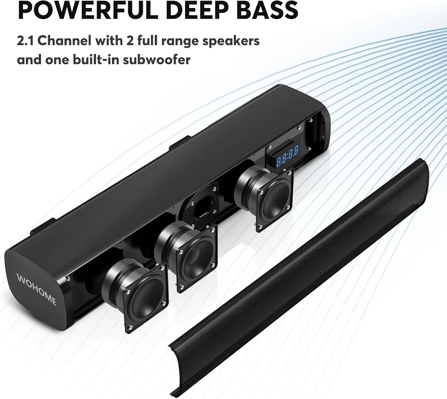 2.1 Sound Bar for TV with Built-in Subwoofer, Bluetooth 5.3, Optical/AUX/USB, Wall Mount, 6 Voice Levels