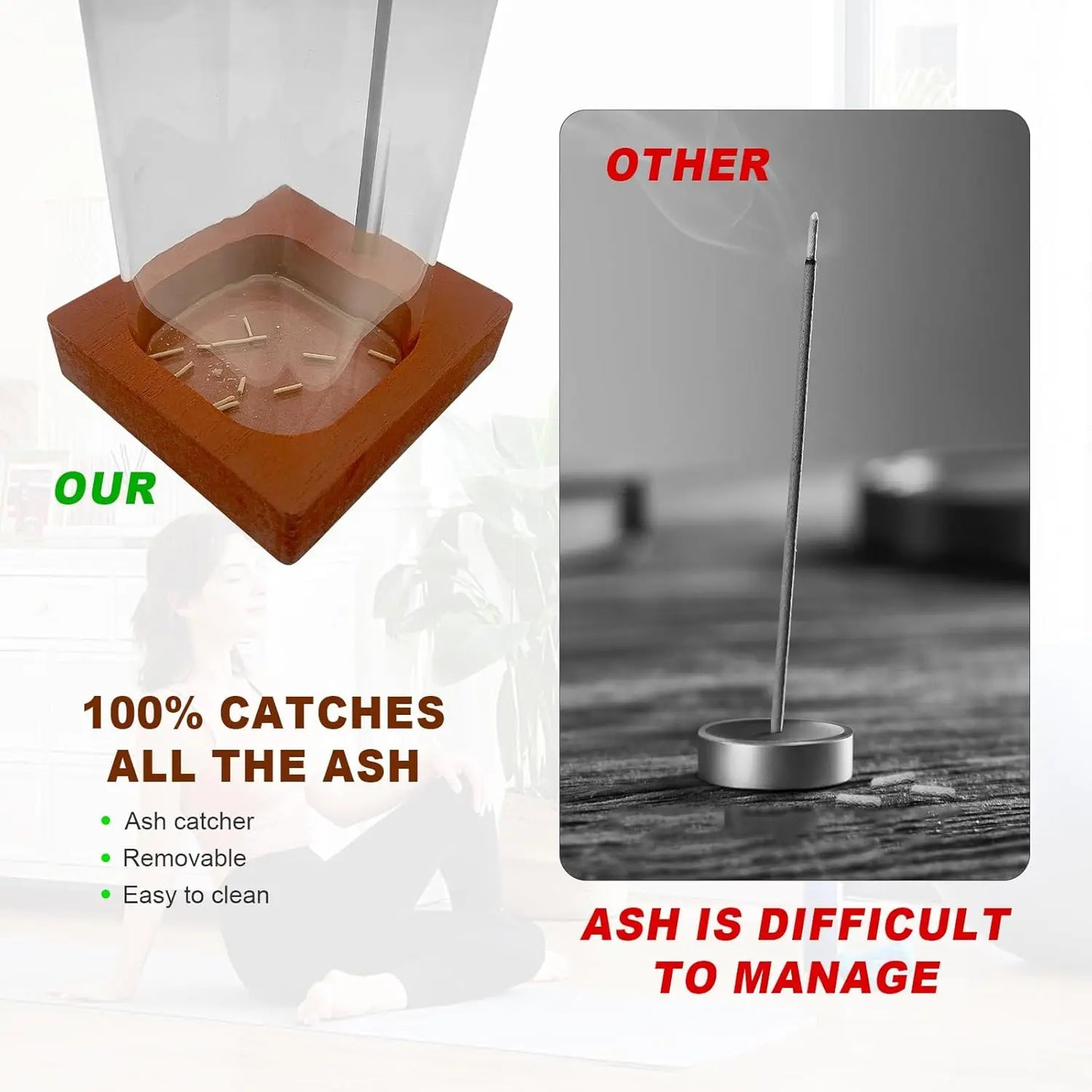 2 Pack Mess-Free Incense Holder with Ash Collector, Square Design for Home Decor, Yoga, Meditation