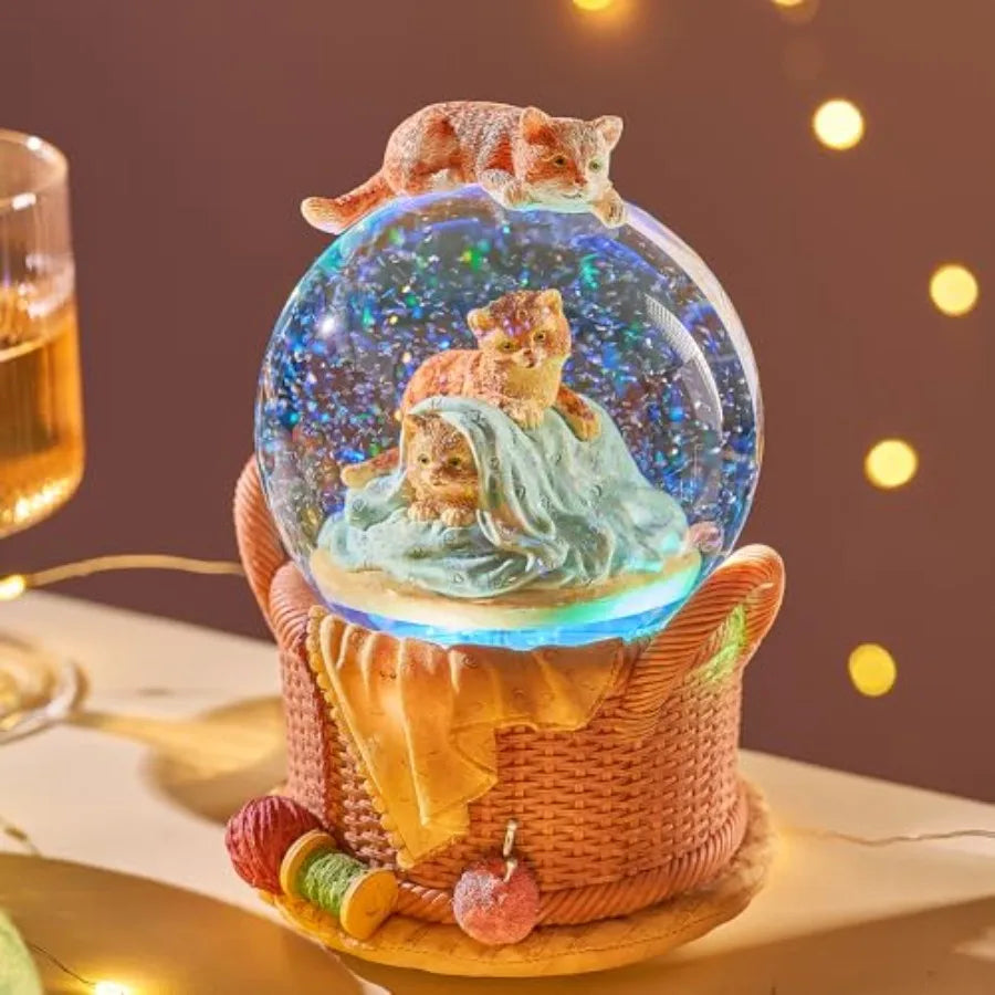 Gift Wrapped Music Box Cat Lovers Flower Basket Musical Snow Globe Decoration in Pink for Girls and Women Niece Sister Daughter