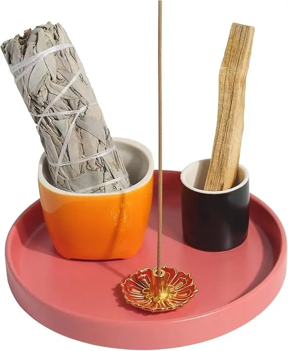 4 in 1 incense holder, 5.5" ceramic palo santo stick holder, sage holder for burning, sage incense burner for meditation yoga ro
