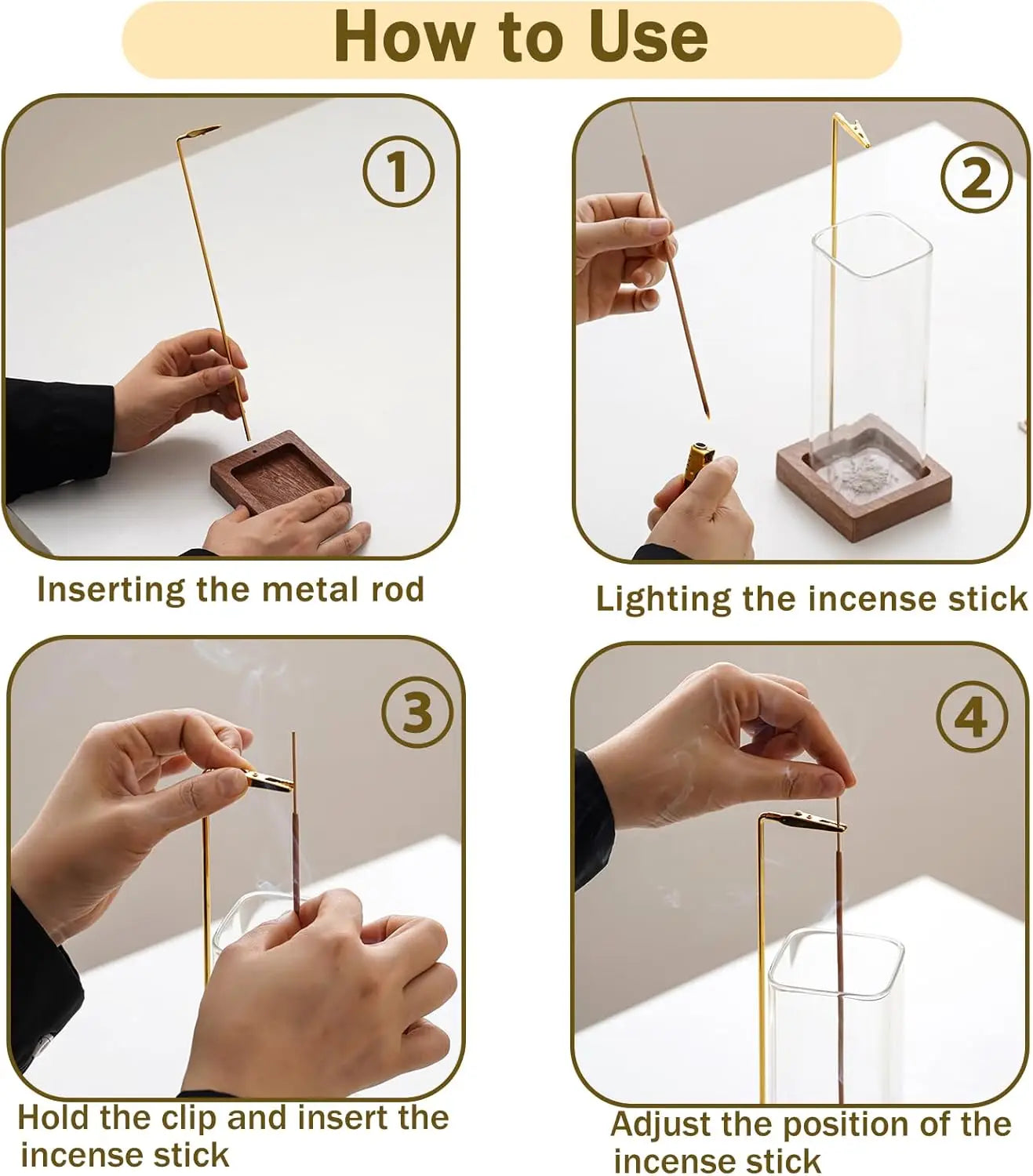 Wooden Incense Holder with Glass Ash Catcher, Anti-Ash Design, Includes 20 Sticks & Brush for Yoga Meditation