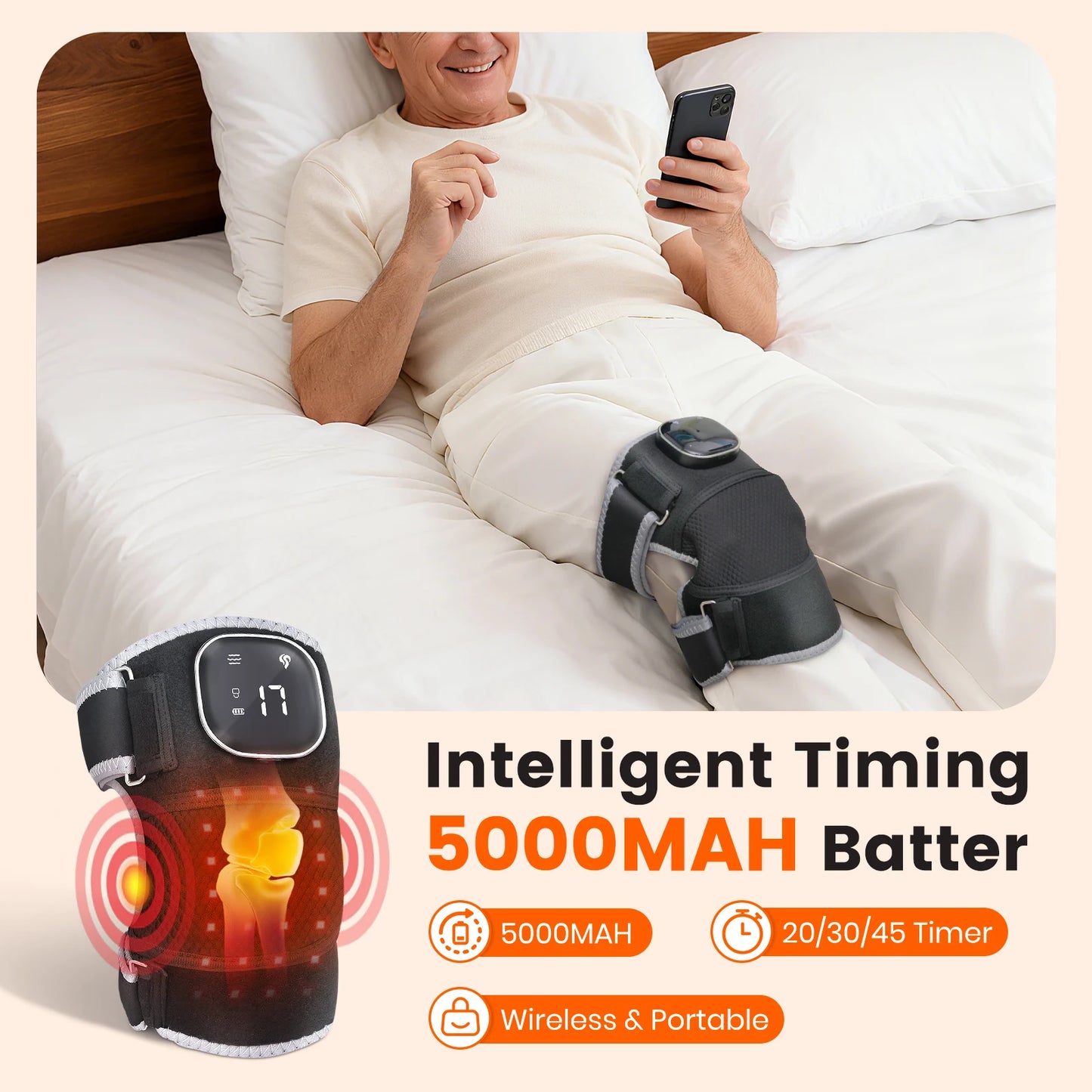 Cordless Red Light Knee Heating Vibration Massage 3-in-1 Electric Knee Massager with 5 Vibration & 6 Heating Modes Parents Elder