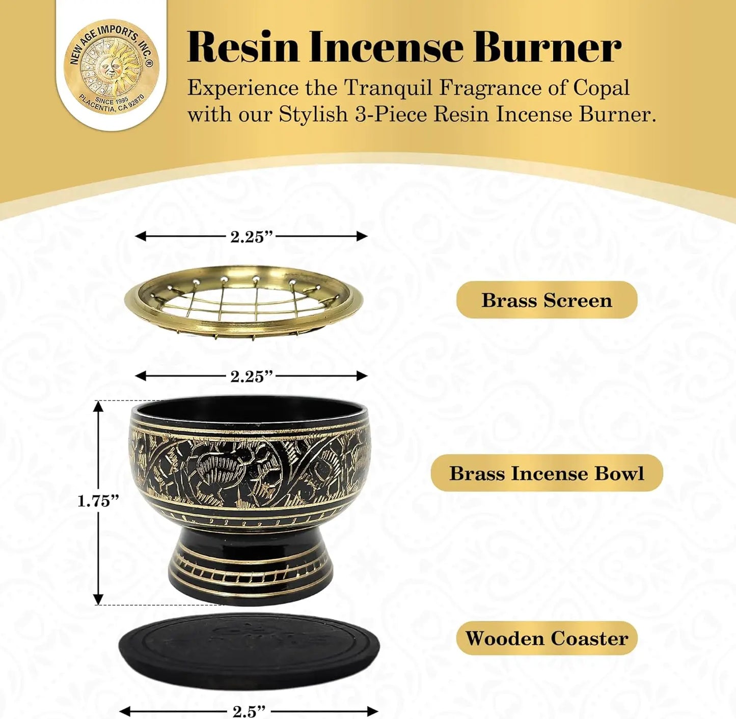 Small Brass Charcoal Screen Incense Burner with Wooden Coaster - Handcrafted, Intricate Design, Compact for Meditation