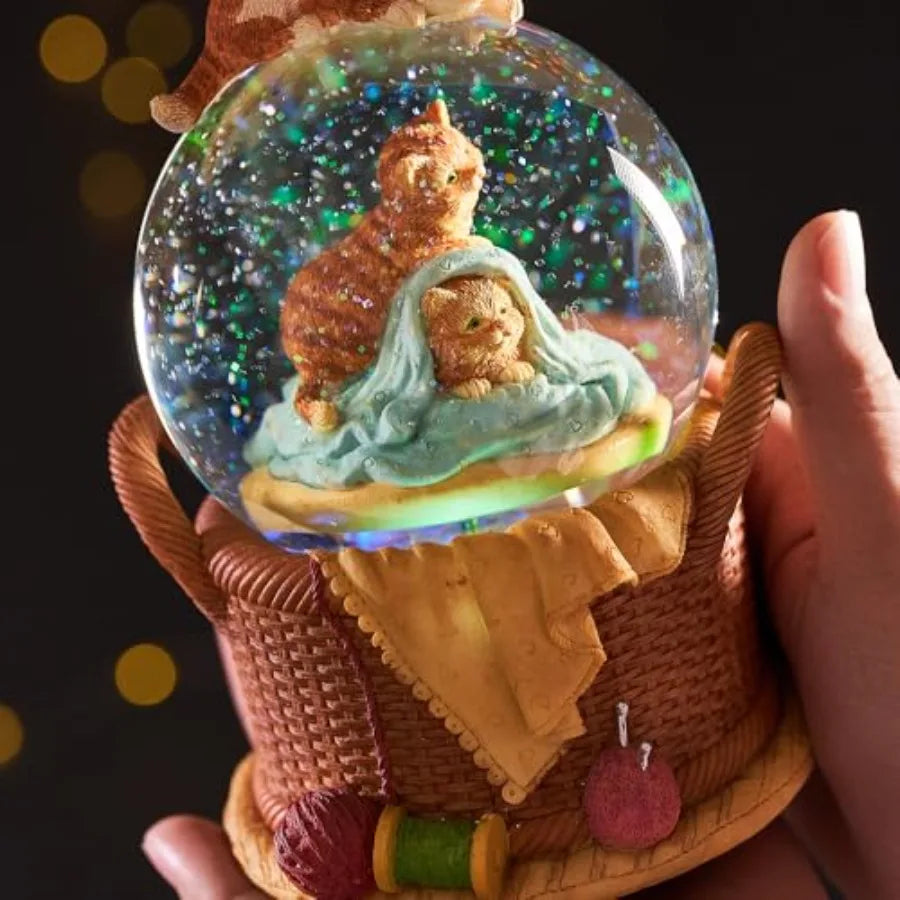 Gift Wrapped Music Box Cat Lovers Flower Basket Musical Snow Globe Decoration in Pink for Girls and Women Niece Sister Daughter
