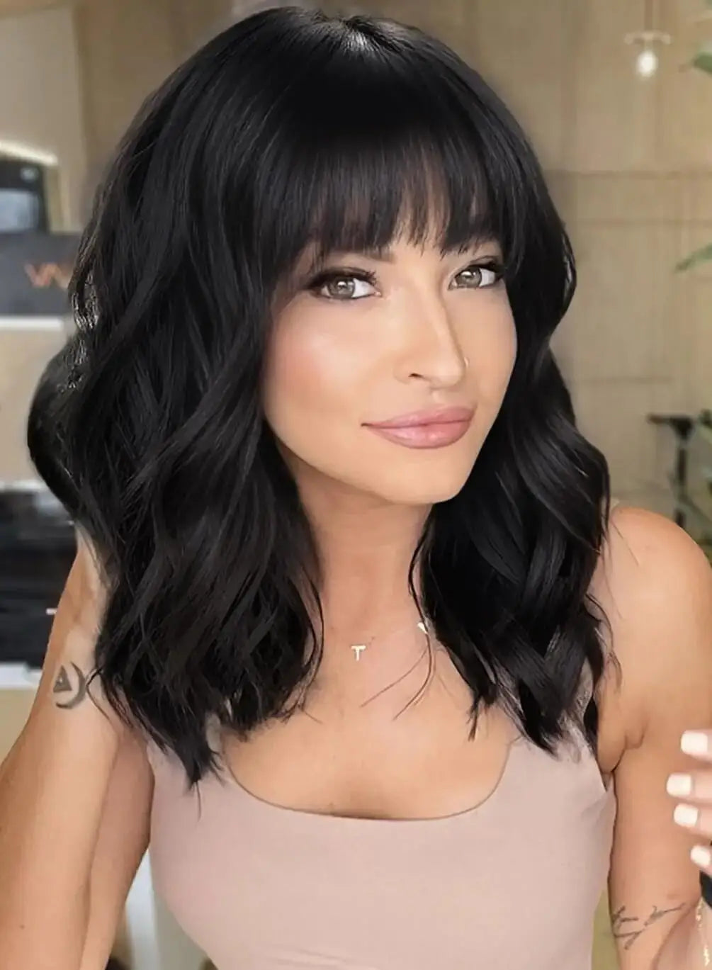 HAIR Natural Brown Synthetic Curly Wavy Bob Wig with Bangs for Women#Color:HY-751-6,Bulk Buy:1 PC
