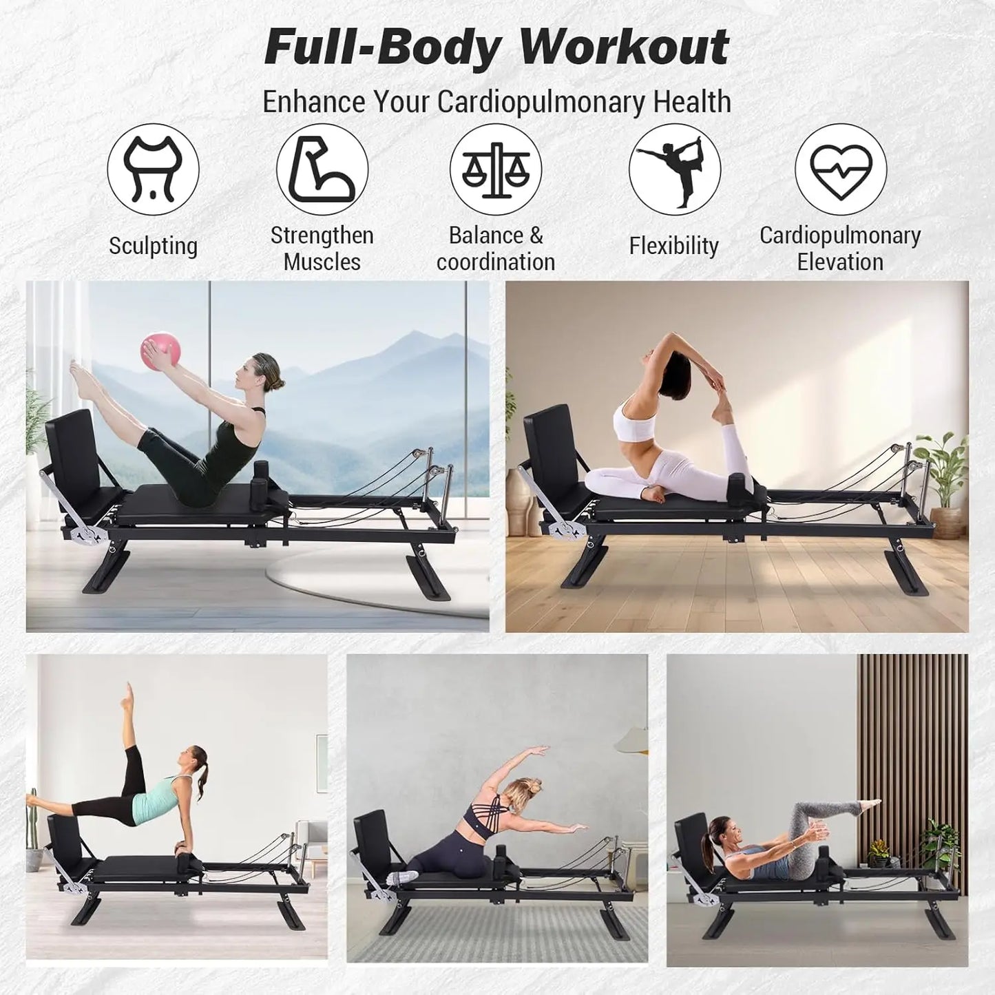 Foldable Reformer Pilates Machine with Adjustable Reformer Heights, Pilates Equipment with Piano Wire Spings and Jump Boards
