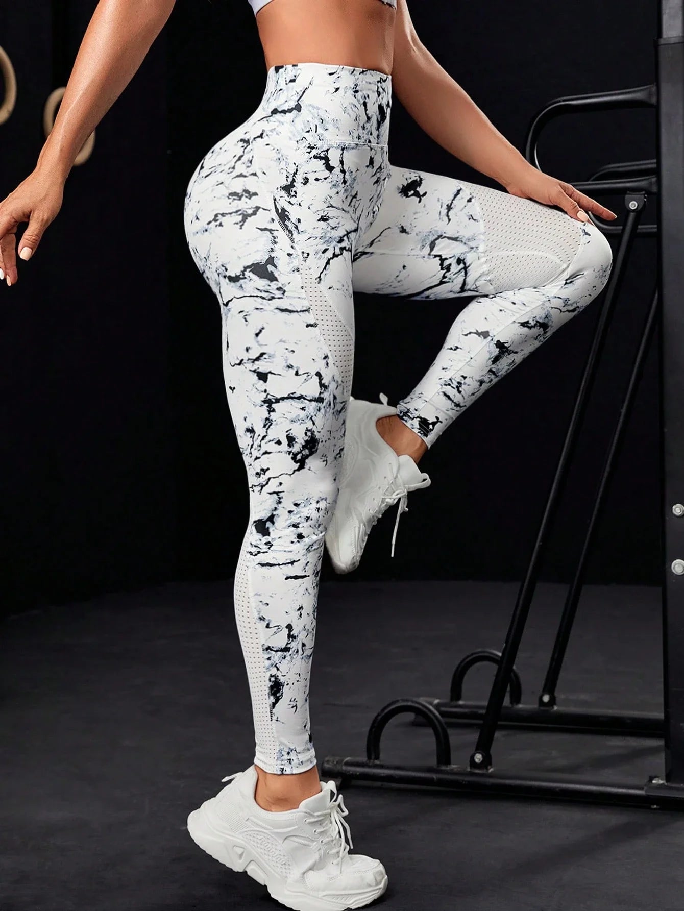 High Waisted Marble Print Yoga Leggings With Mesh Side Panels