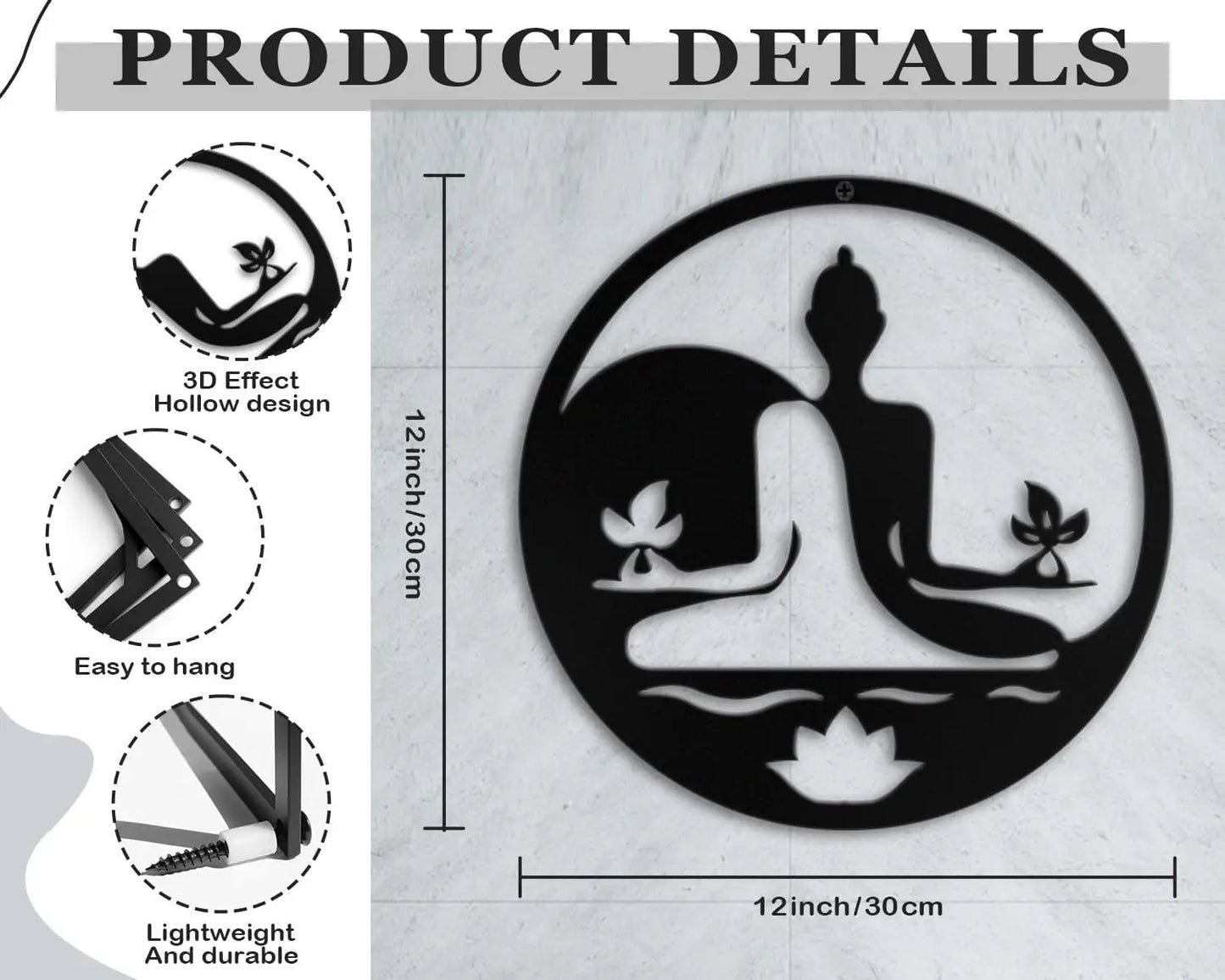 Metal Zen Wall Decor Iron Buddha Art Lotus Spiritual Meditation Décor for Living Room Bedroom Yoga Studio Office