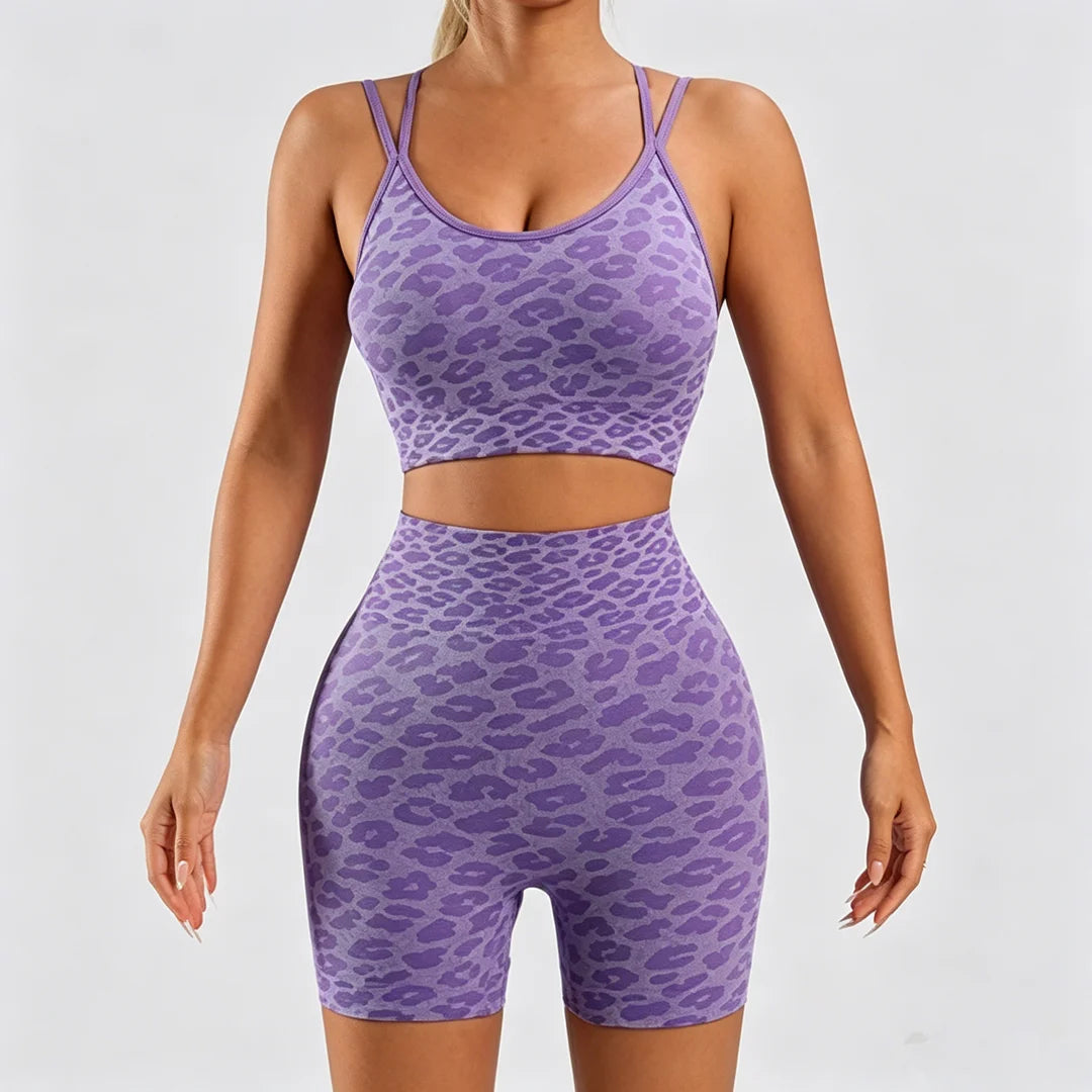 Women's Leopard Print Workout Sets 2 Piece Outfits Crop Tank Tops and Shorts Sports Yoga Gym Tracksuit