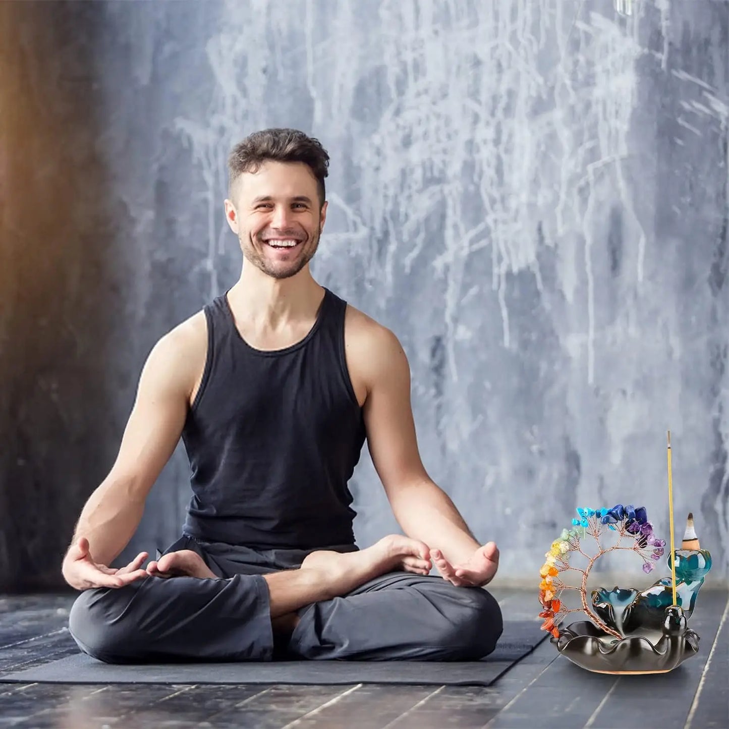 Backflow Incense Burner Waterfall with 7 Chakra Crystal Tree - Yoga Meditation Home Decor