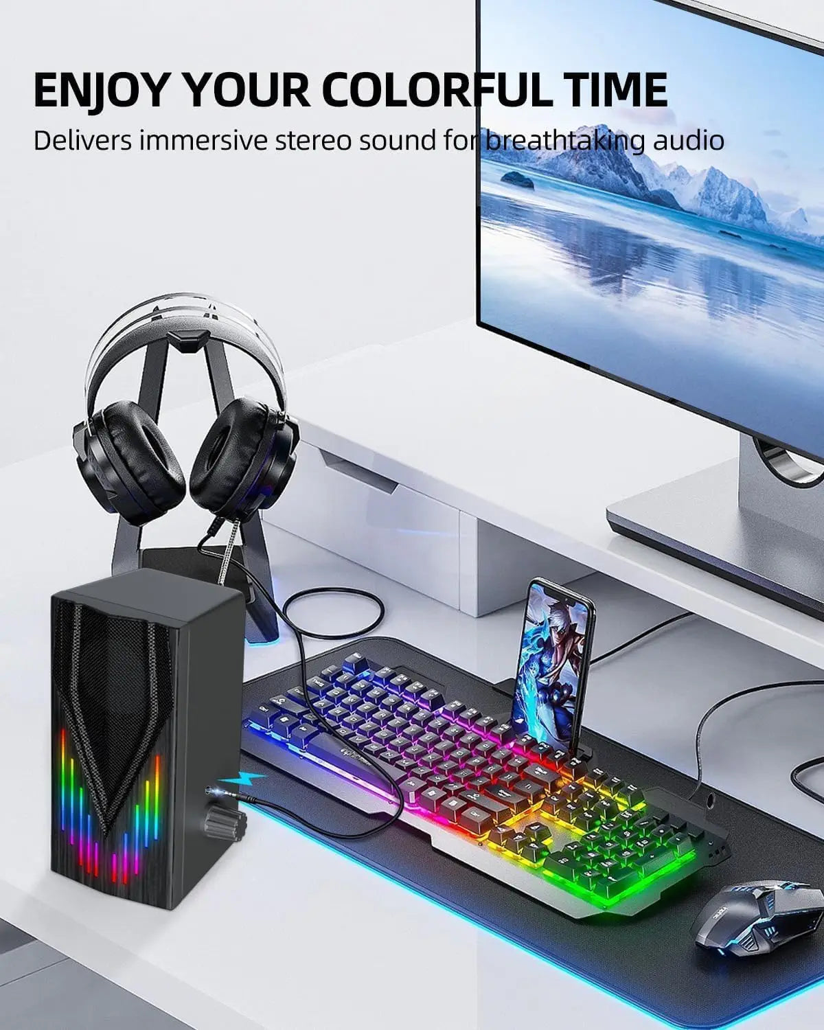 USB-Powered Computer Speakers with RGB Lights, Stereo Sound for PC/Laptop/Tablet
