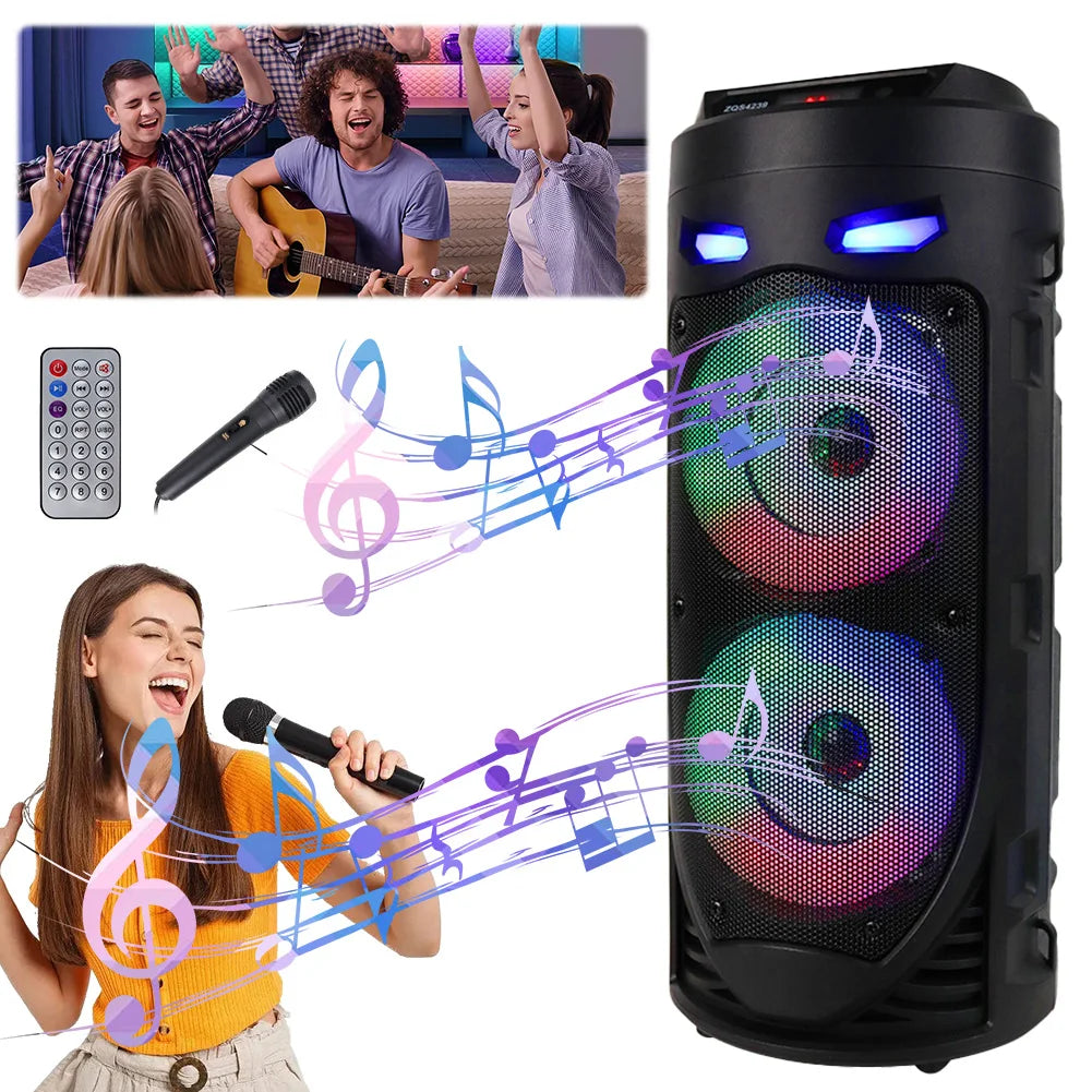 BT Speaker Portable Speaker with Double Subwoofer Deep Bass Lights Loud Boombox Support USB/TF/AUX/FM/BT/MIC for Outdoor Party