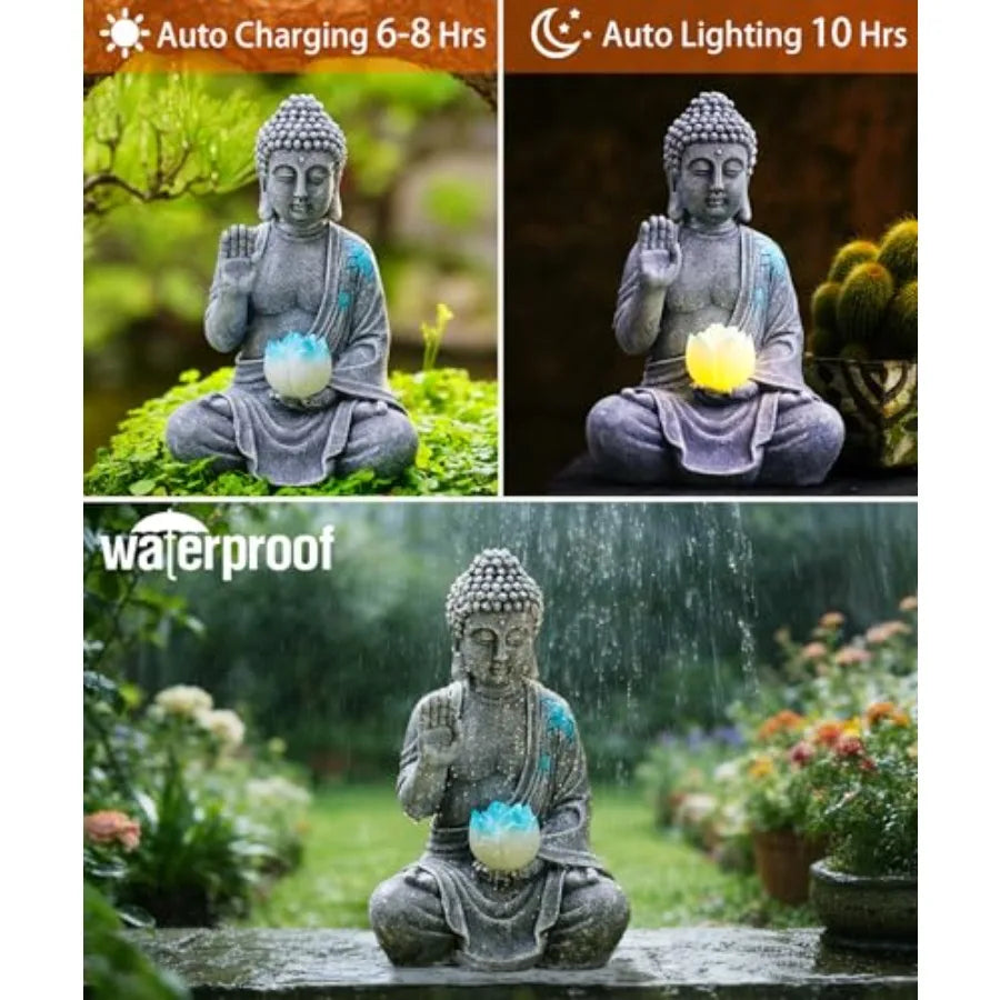 Solar Buddha Garden Statues with Lotus Flower: Resin Zen Decor Waterproof Sculpture Outdoor Light Design for Outside Patio Lawn