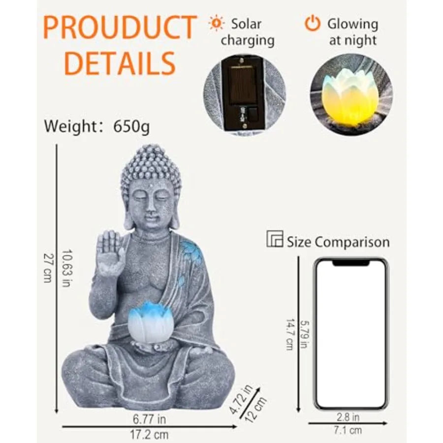 Solar Buddha Garden Statues with Lotus Flower: Resin Zen Decor Waterproof Sculpture Outdoor Light Design for Outside Patio Lawn