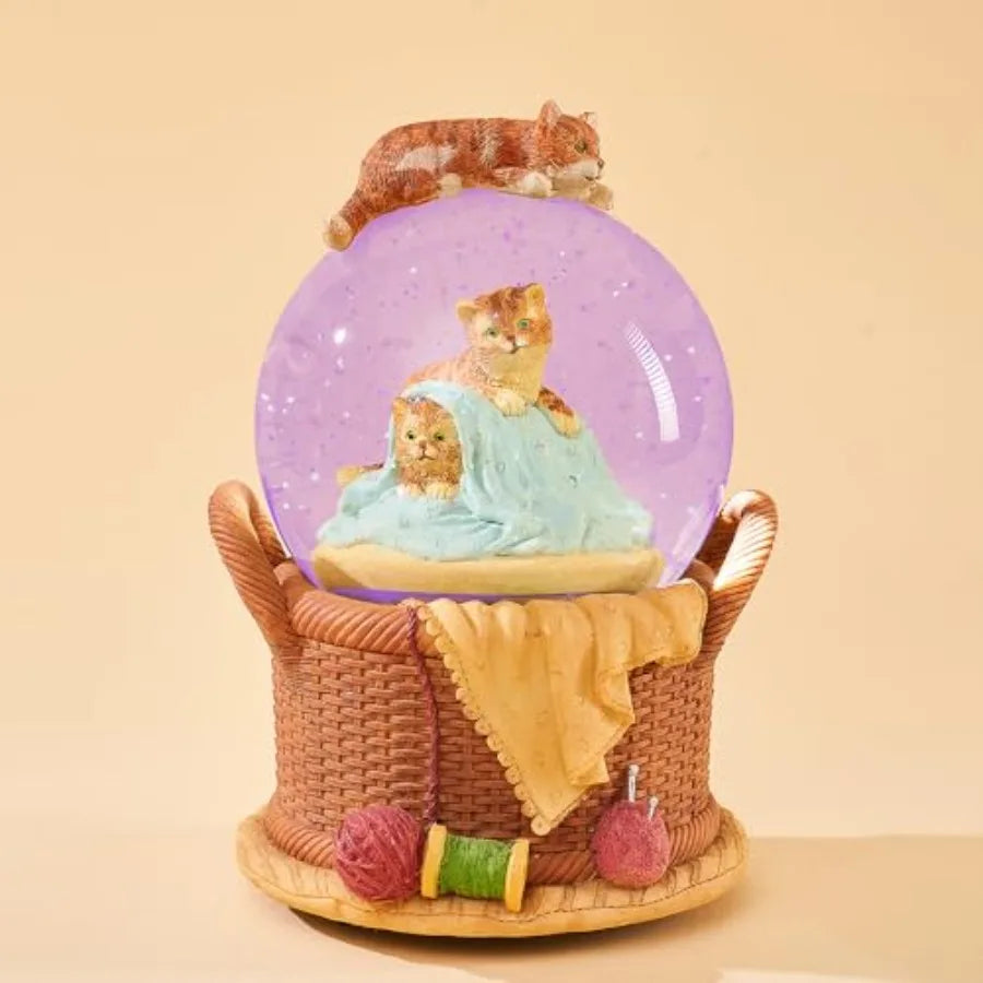 Gift Wrapped Music Box Cat Lovers Flower Basket Musical Snow Globe Decoration in Pink for Girls and Women Niece Sister Daughter