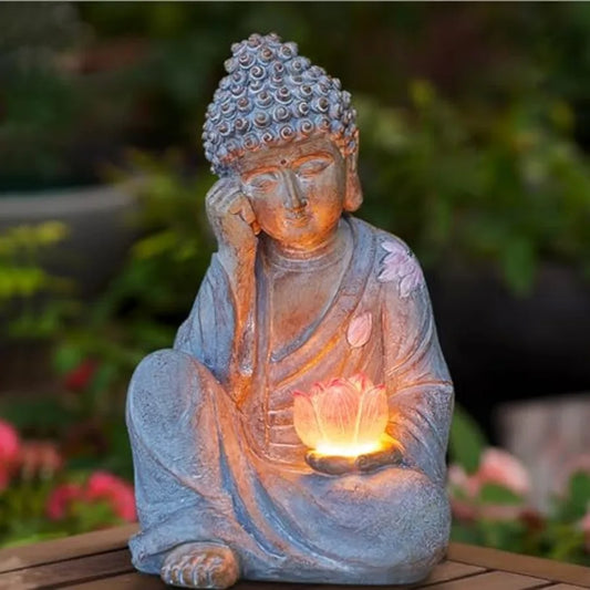Buddha Statue Outdoor with Lotus Flower Light, IP65 Waterproof Solar Statue Lights, Outdoor Statues for Garden, Zen Decor for G