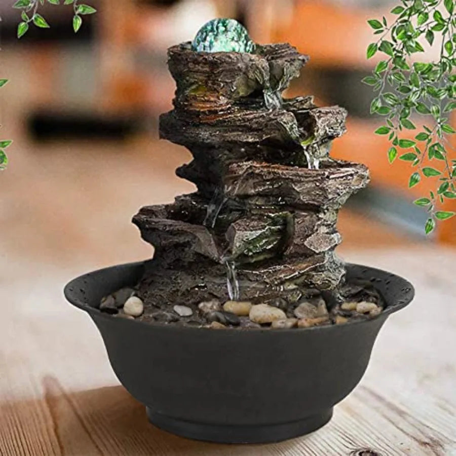 Tabletop Water Fountain Zen Meditation Indoor Waterfall Fountain Heart Shape Decoration with LED Light for Home Office Bedroom
