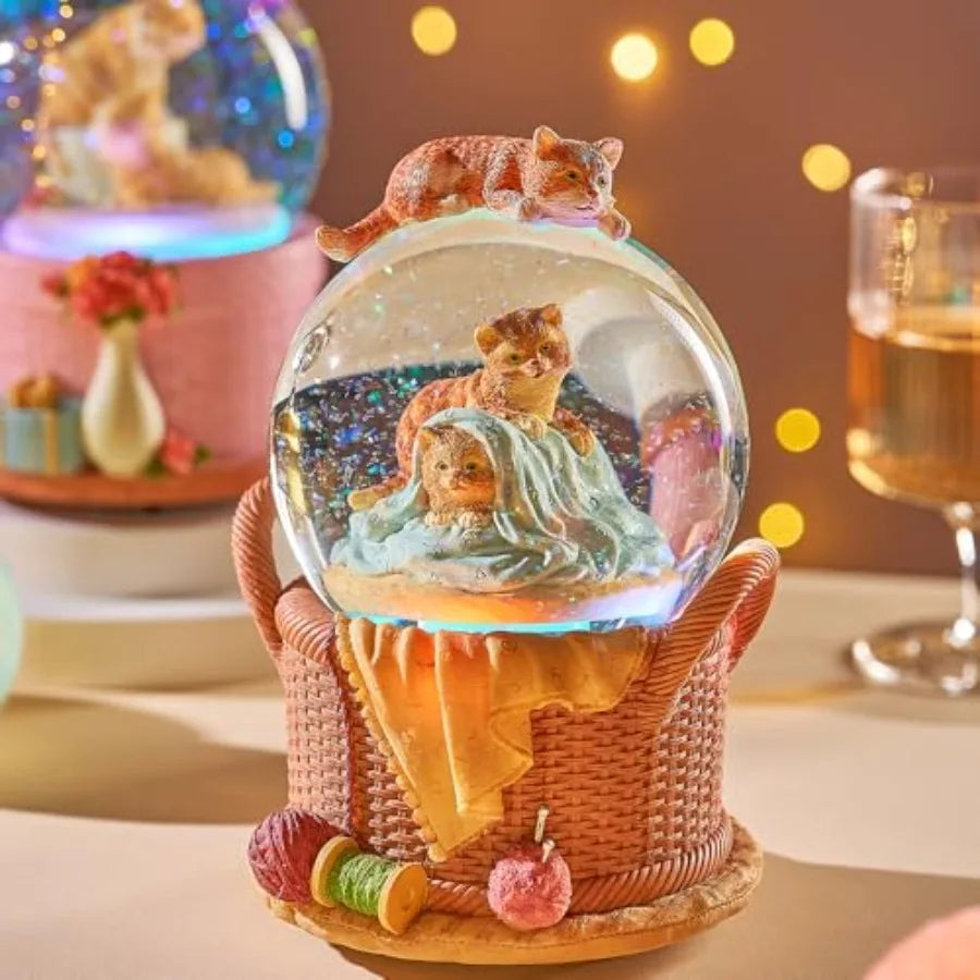 Gift Wrapped Music Box Cat Lovers Flower Basket Musical Snow Globe Decoration in Pink for Girls and Women Niece Sister Daughter