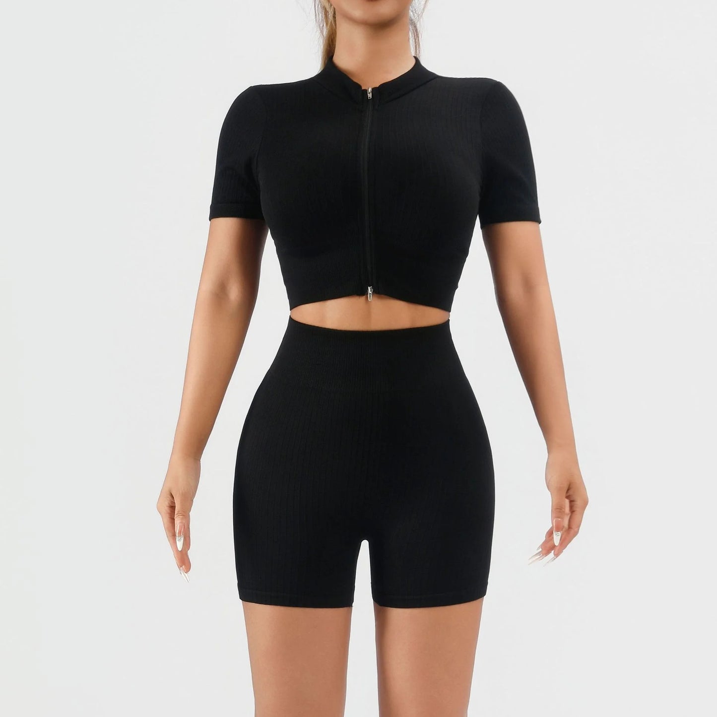Seamless Ribbed Yoga Set For Women With High Waist Shorts Nylon Elastane