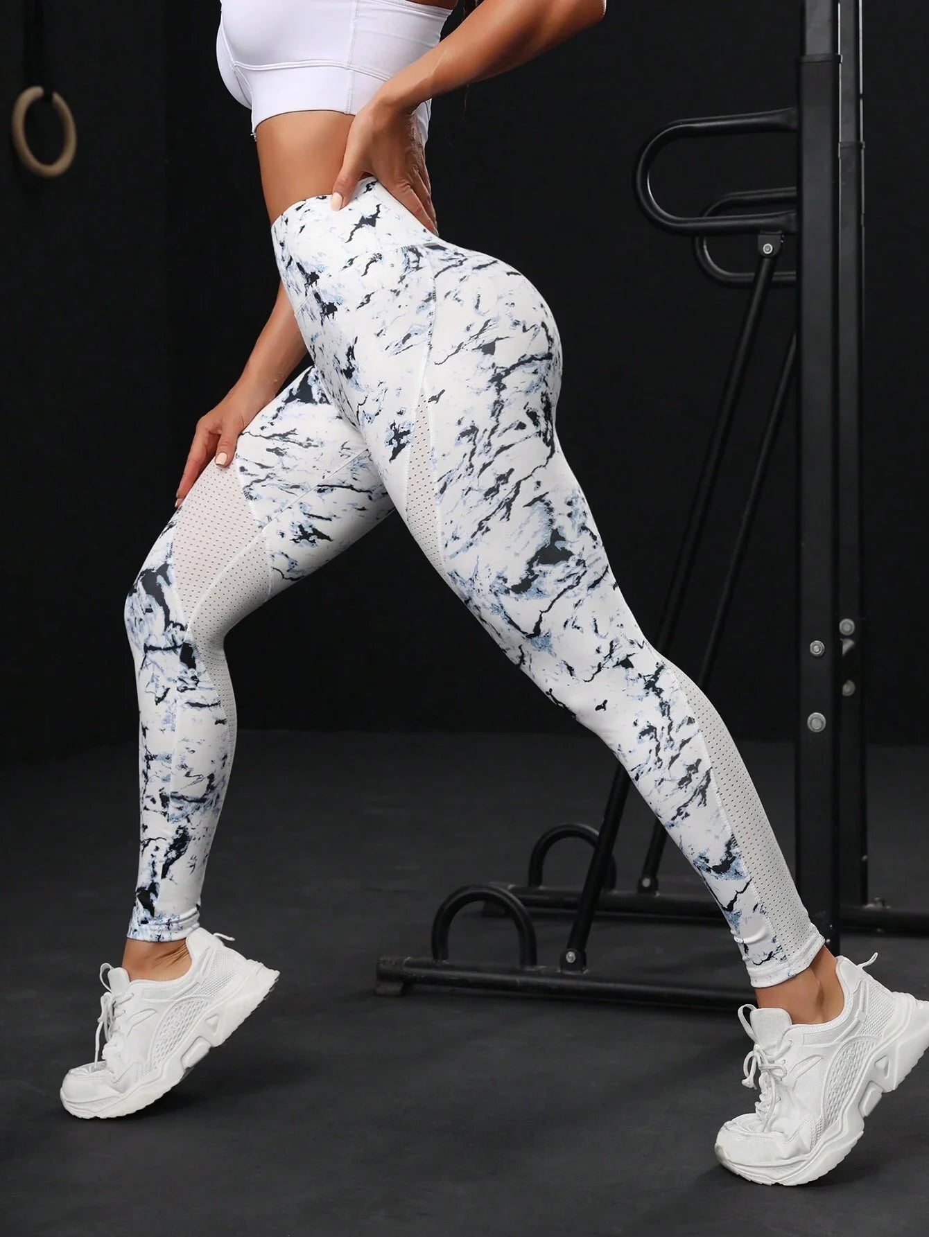 High Waisted Marble Print Yoga Leggings With Mesh Side Panels