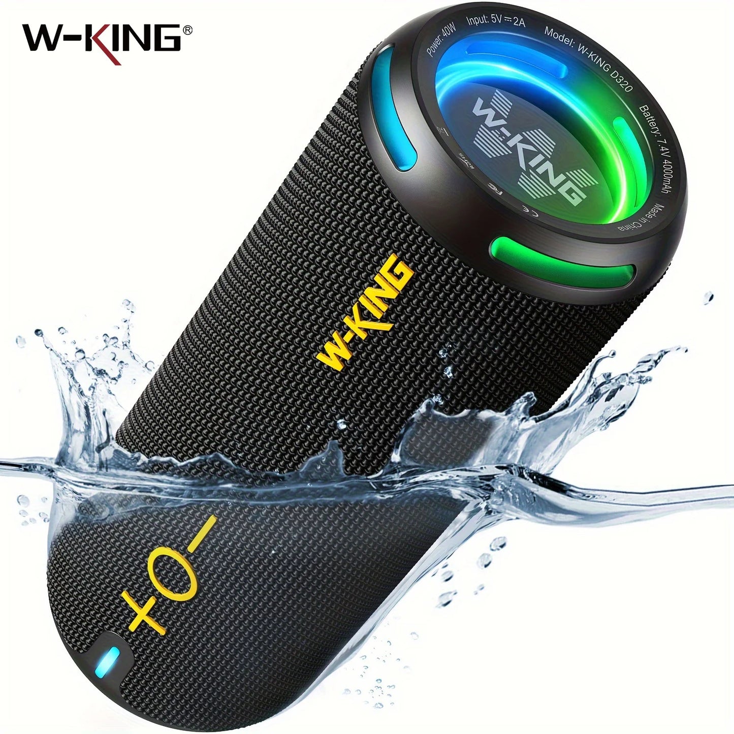 W-KING D320 40W Portable Speaker, IP67 Waterproof, APP Control, High-Quality Audio, TF/AUX, Dynamic Lights for Party, Outdoor, Shower