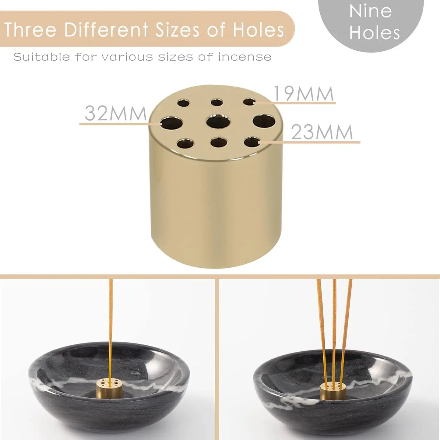 Natural Marble Incense Holder, 9 Holes Ash Catcher for Meditation, Black