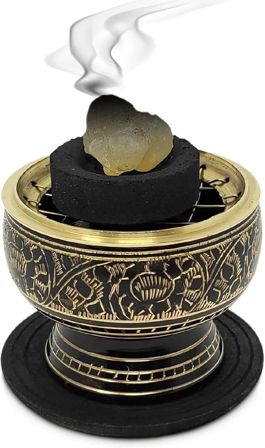 Small Brass Charcoal Screen Incense Burner with Wooden Coaster - Handcrafted, Intricate Design, Compact for Meditation