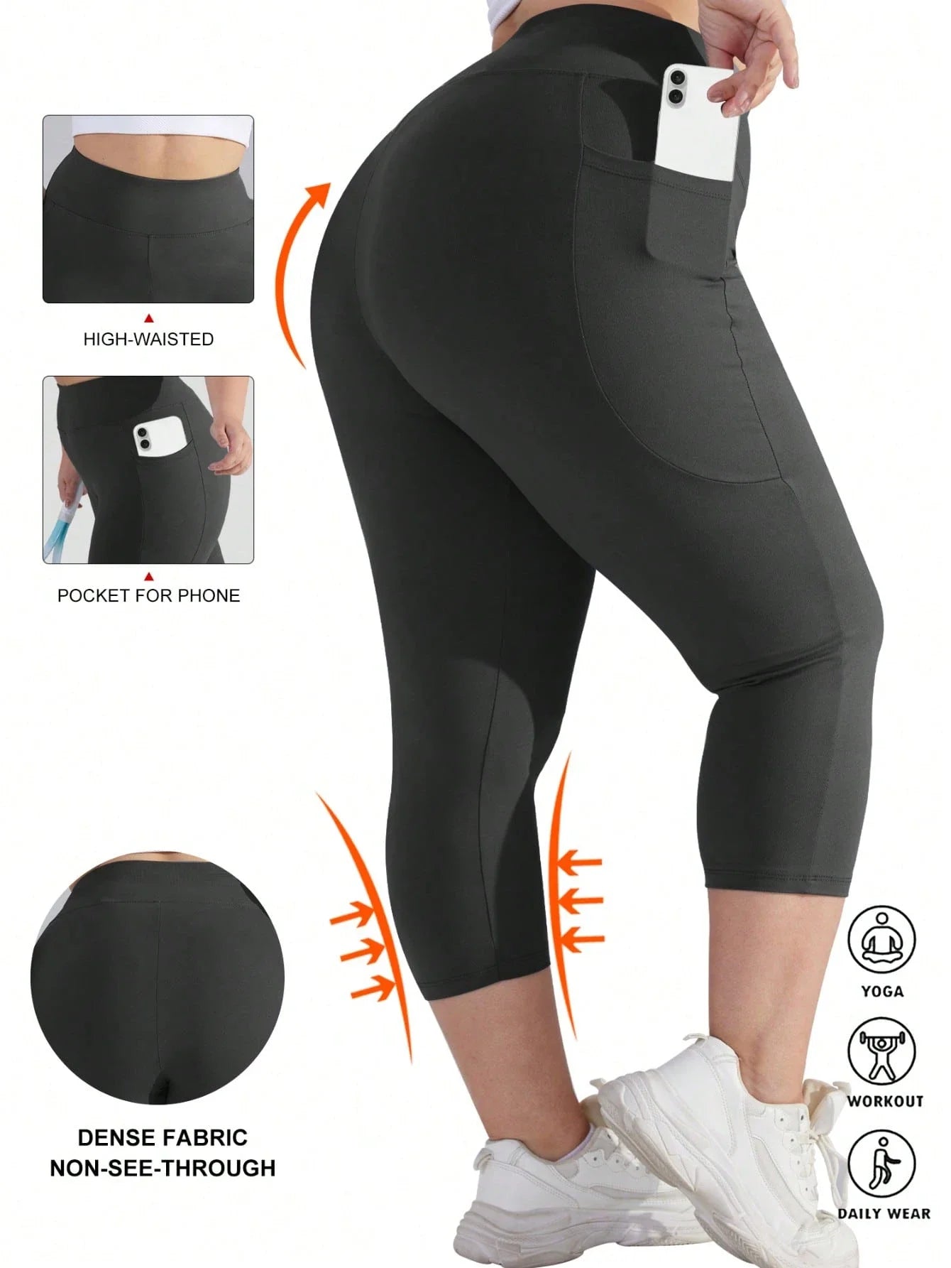 Womens Plus Size High Waist 7/8 Leggings With Side Pockets Stretch Yoga Pants