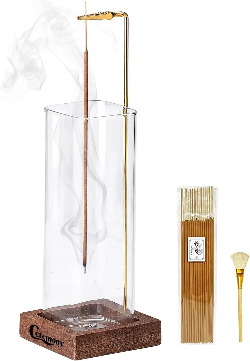 Wooden Incense Holder with Glass Ash Catcher, Anti-Ash Design, Includes 20 Sticks & Brush for Yoga Meditation