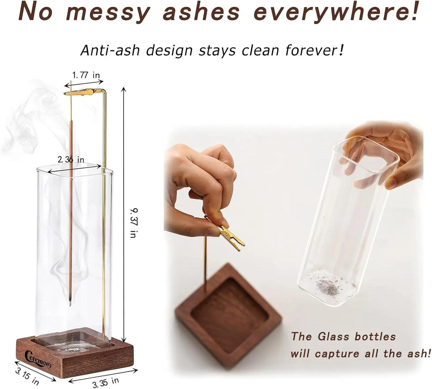 Wooden Incense Holder with Glass Ash Catcher, Anti-Ash Design, Includes 20 Sticks & Brush for Yoga Meditation