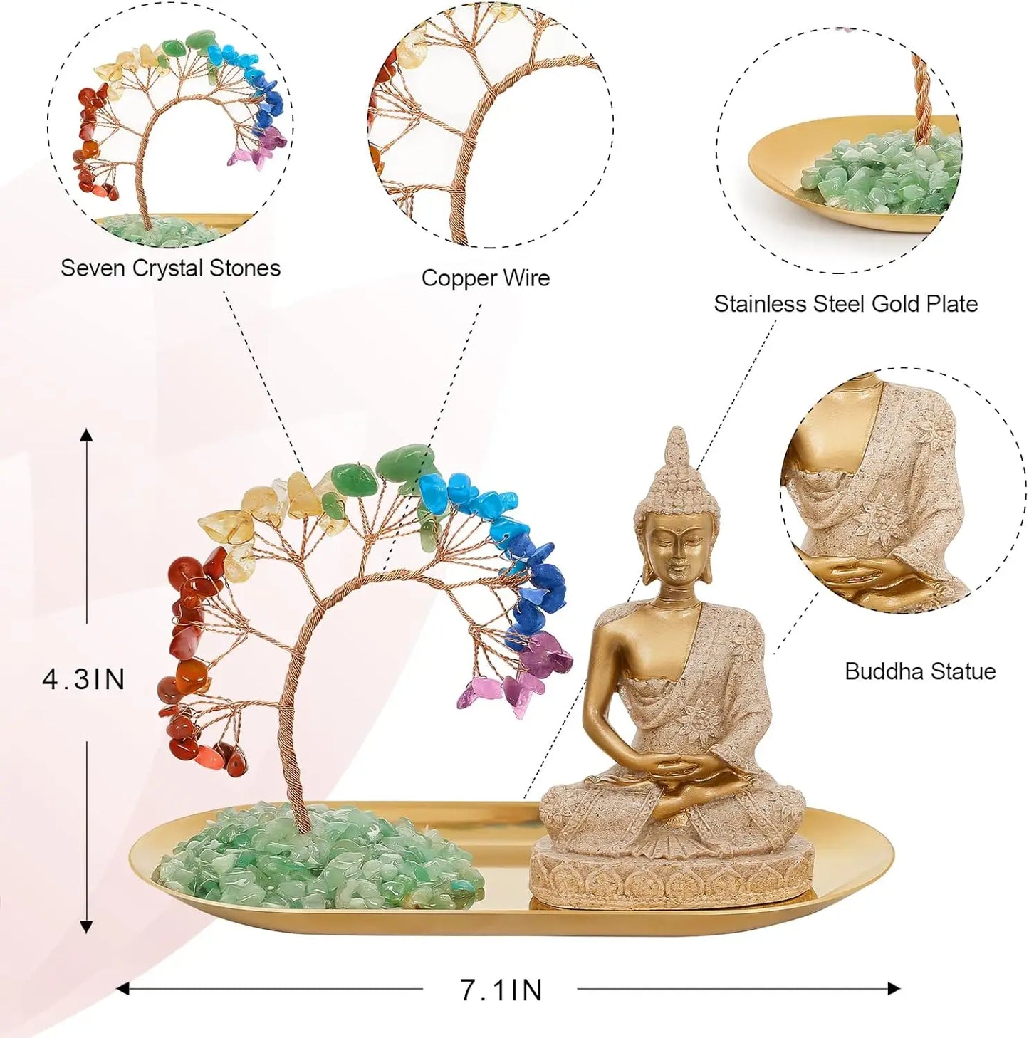 7 Chakra Crystal Tree and Buddha Statue Set, Yoga Meditation Decor for Home Office Shelf, Wealth Luck