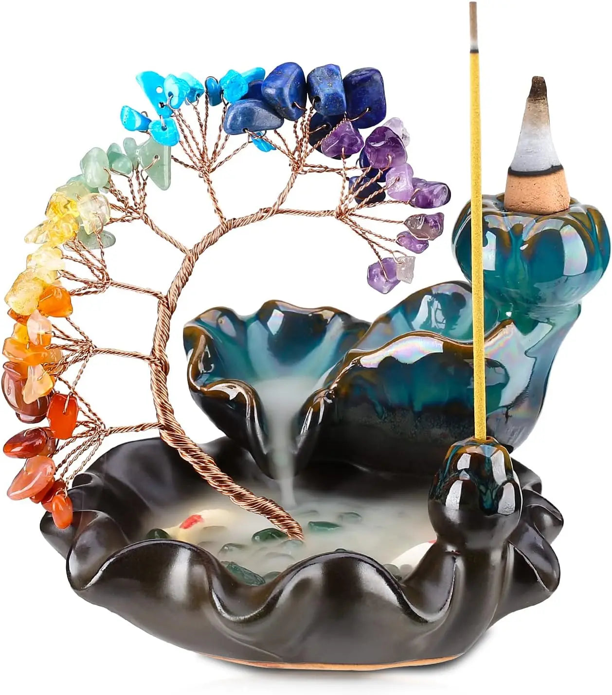Backflow Incense Burner Waterfall with 7 Chakra Crystal Tree - Yoga Meditation Home Decor