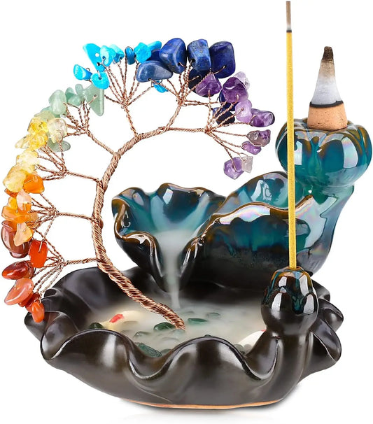 Backflow Incense Burner Waterfall with 7 Chakra Crystal Tree - Yoga Meditation Home Decor